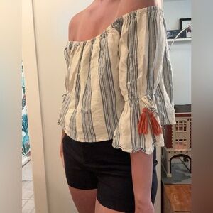 Tularosa Cream and Blue Striped Off-Shoulder Top with Orange Tassels